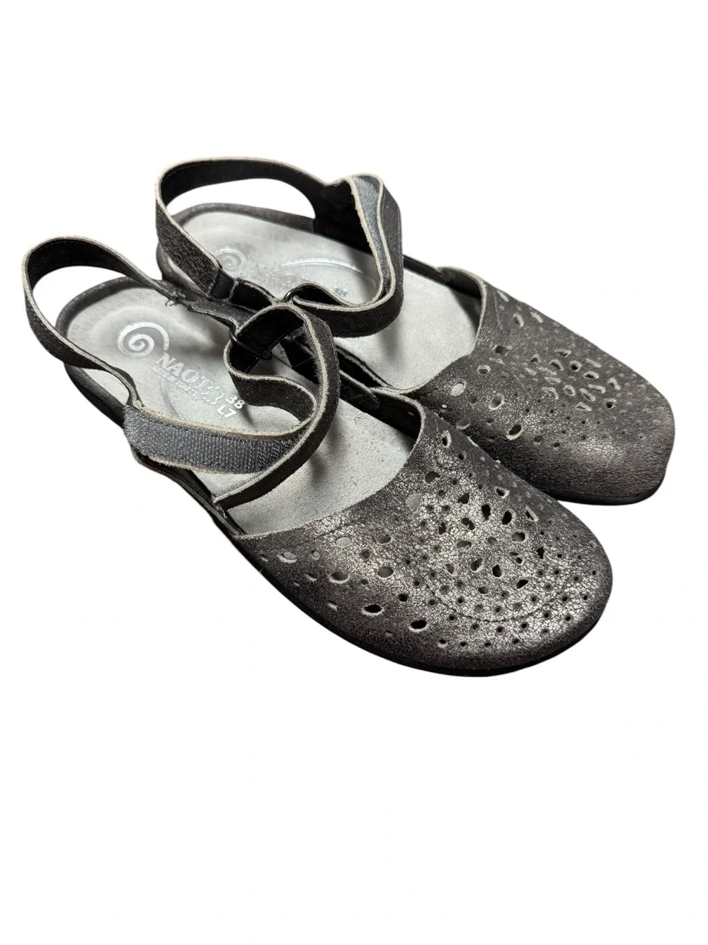 Naot Arataki Perforated Leather Slingback Mary Jane Flats Shoes Metallic Gray 7